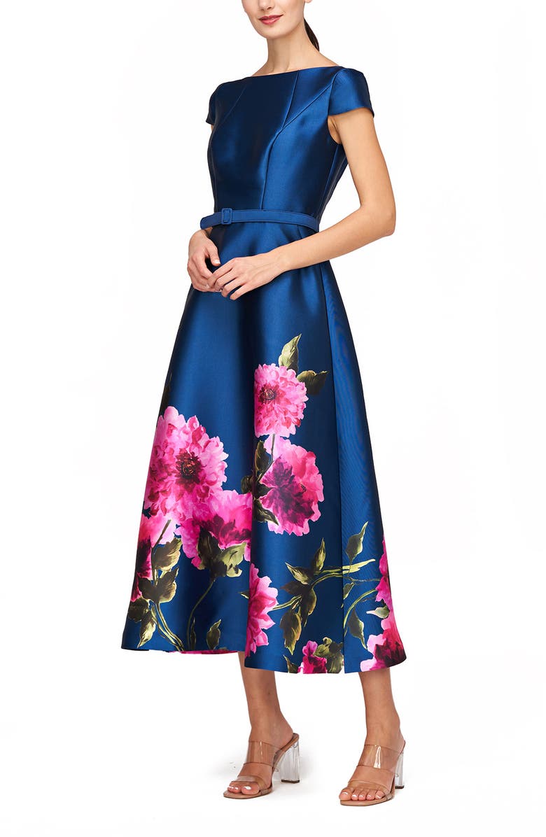 Kay Unger Ina Belted Cocktail Dress, Alternate, color, Dark Ink/ French Rose