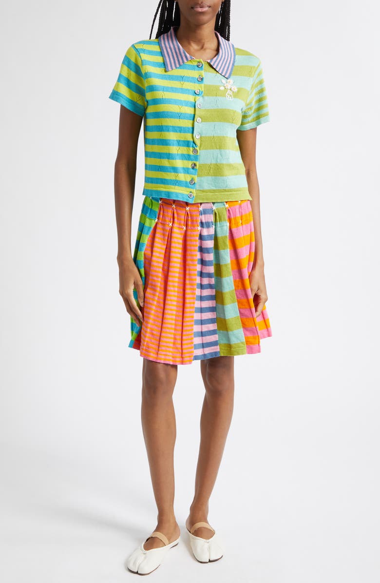 YanYan Daisy Stripe Linen Blend Y-Pointelle Cardigan, Alternate, color, Lime Multi