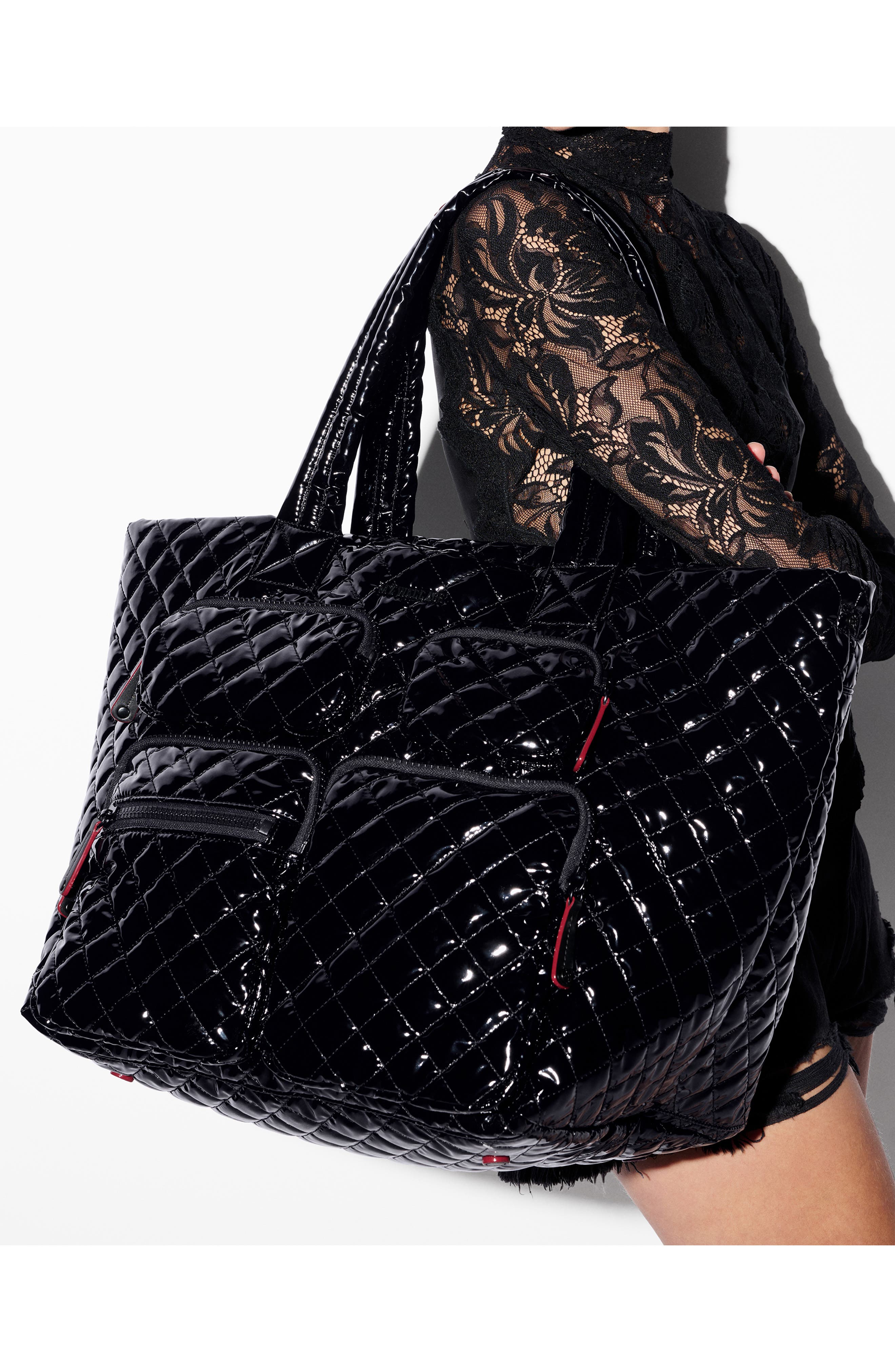 MZ Wallace Large Metro Quilted Nylon Travel Tote, Alternate, color, Black Lacquer