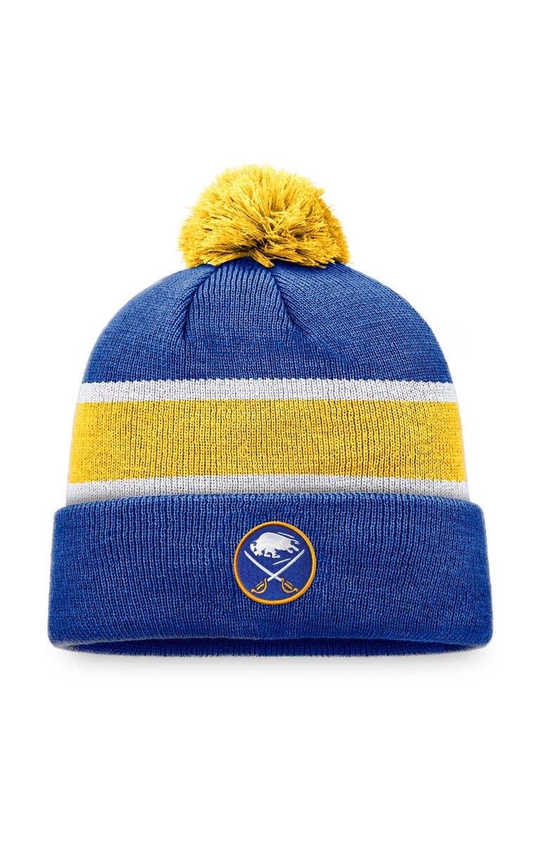 FANATICS Men's Fanatics Branded Royal/Gold Buffalo Sabres Breakaway Cuffed Knit Hat with Pom, Main, color,