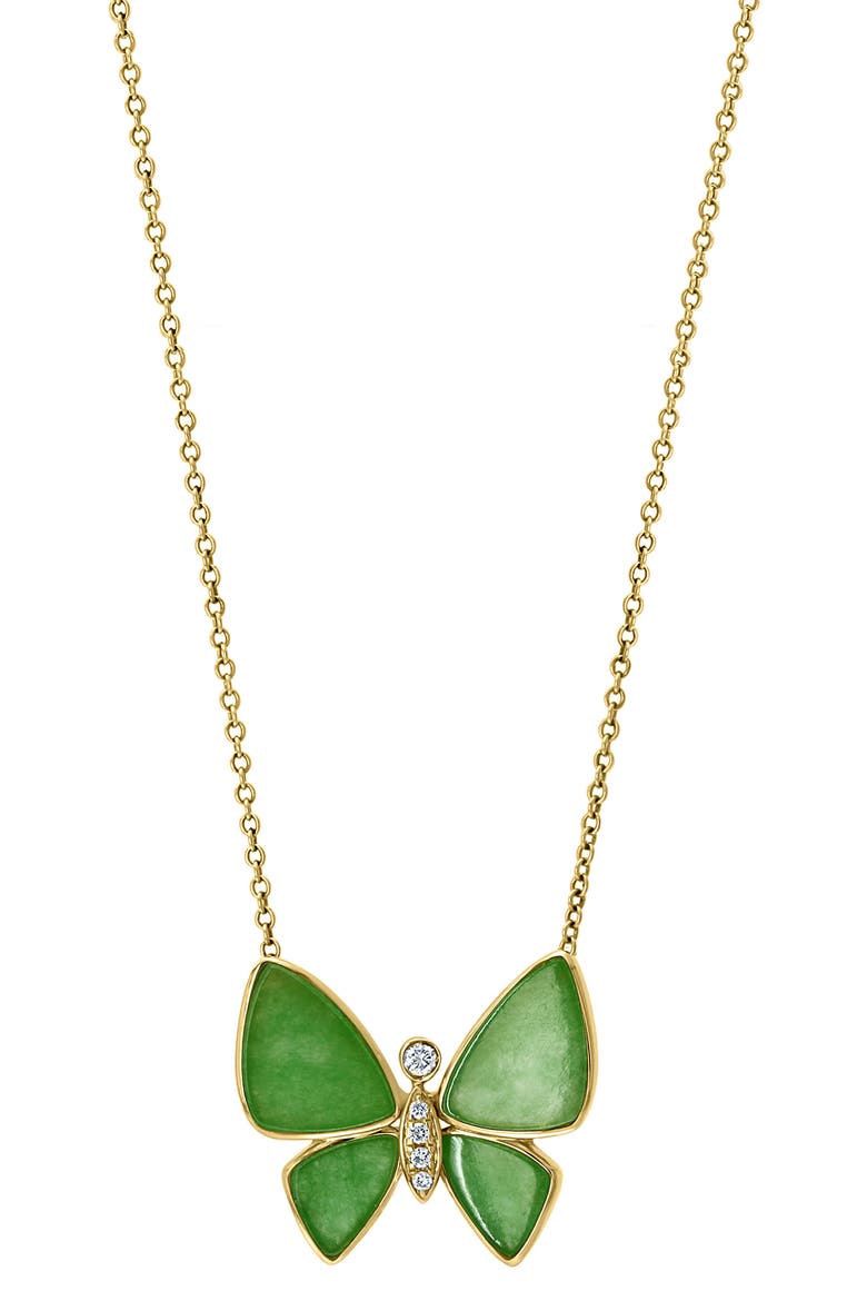 Jade & Diamond Butterfly Pendant Necklace - 0.04ct., Main, color, GREEN