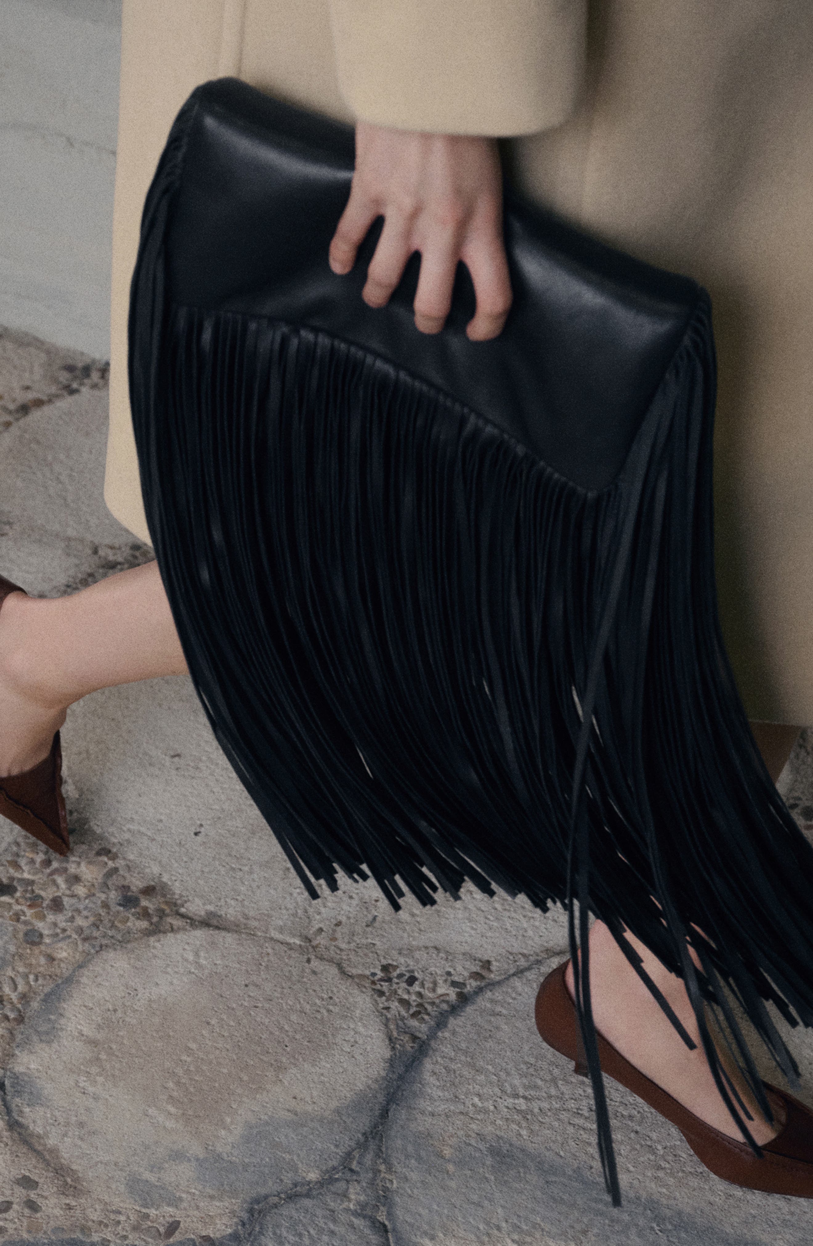 MANGO Fringe Leather Clutch, Alternate, color, Black