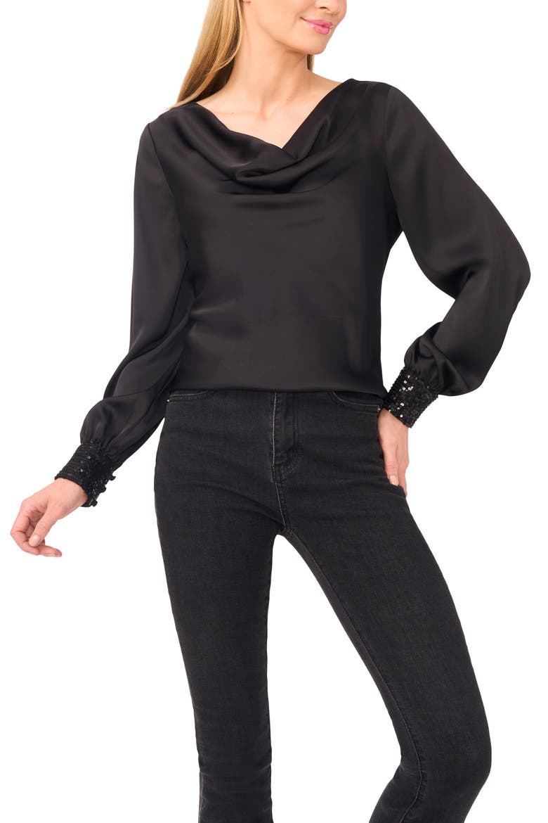 Cowl Neck Sequin Cuff Charmeuse Top, Main, color, RICH BLACK