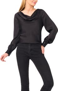 CeCe Cowl Neck Sequin Cuff Charmeuse Top