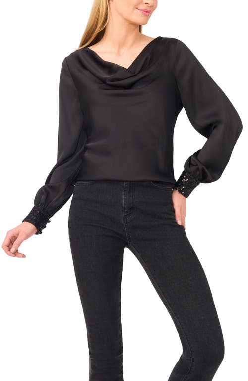 Cece Cowl Neck Sequin Cuff Charmeuse Top In Black