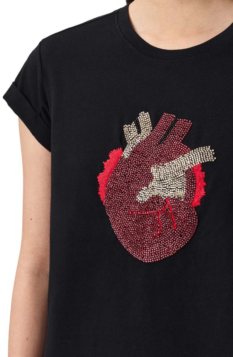 AllSaints Andrea Anna Embellished Beaded Heart T-Shirt, Alternate, color, Black