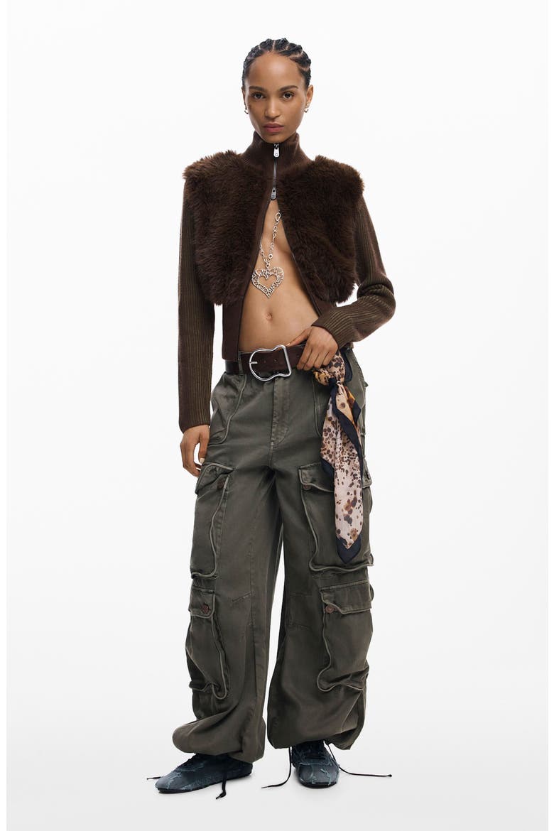 Faux Fur Ribbed Sweater Jacket, Alternate, color, BROWN