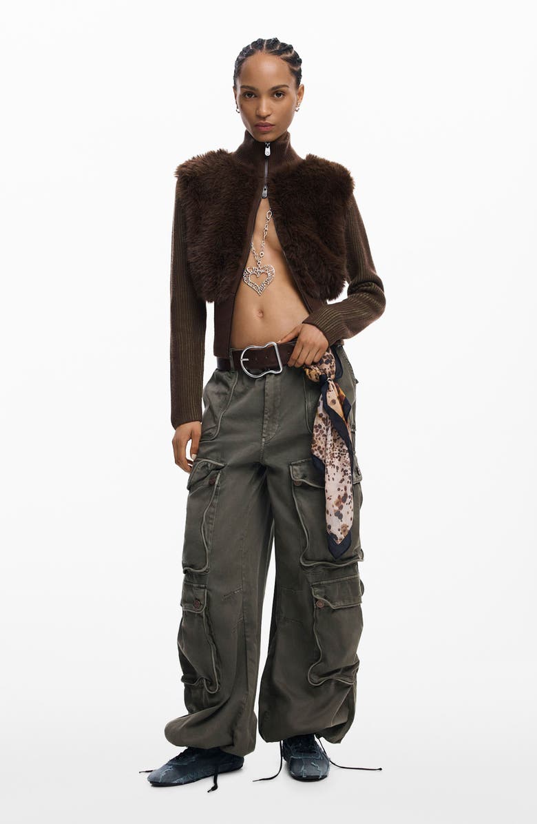 Desigual Faux Fur Ribbed Sweater Jacket, Alternate, color, Brown