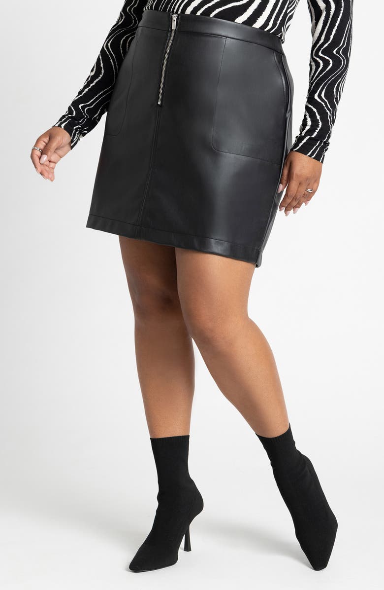 ELOQUII Front Zip Faux Leather Miniskirt, Main, color,