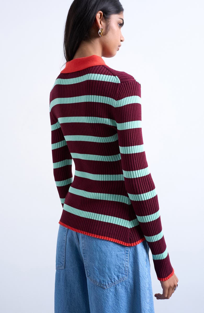 Topshop Stripe Long Sleeve Rib Polo, Alternate, color, Burgundy Multi