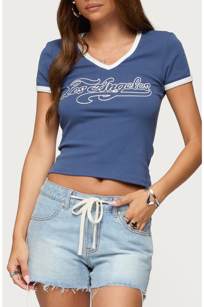 Los Angeles Crop Stretch Cotton T-Shirt, Main, color, BLUE