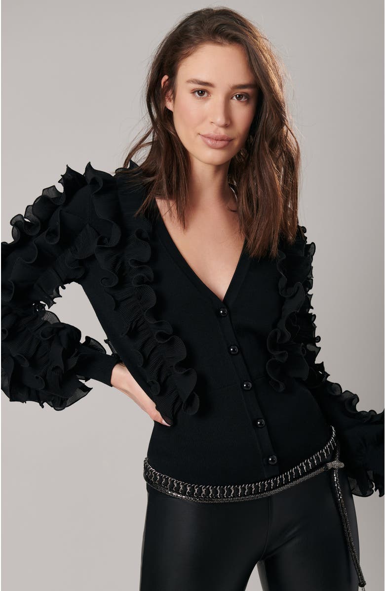 Anne Fontaine Women's Ciline White Long Sleeve Ruffle Cardigan, Alternate, color, Black