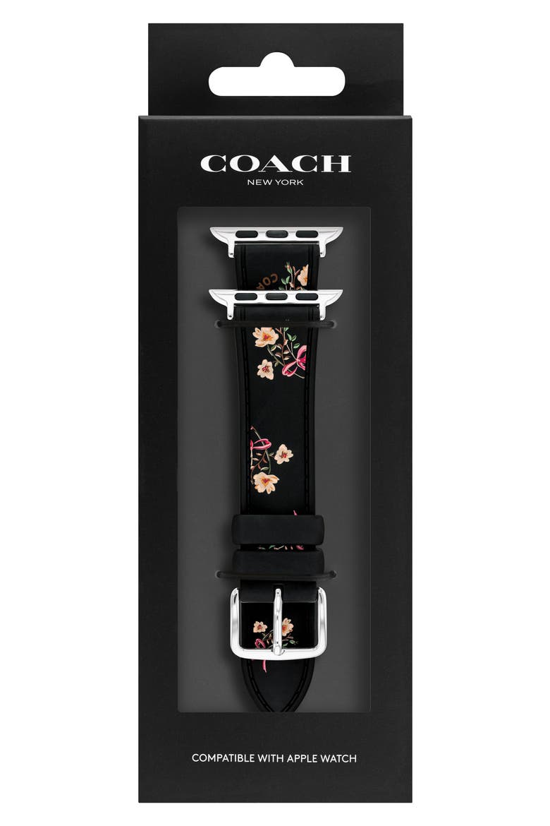 Floral Print Silicone Apple Watch® Watchband, Main, color, BLACK
