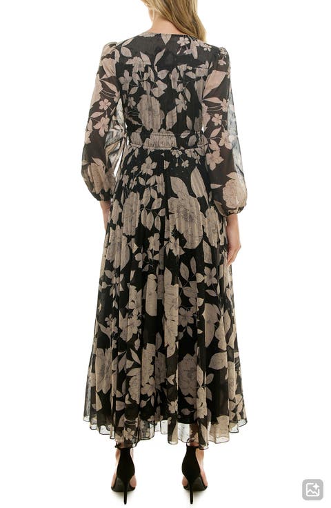 Metallic Floral Chiffon Midi Dress