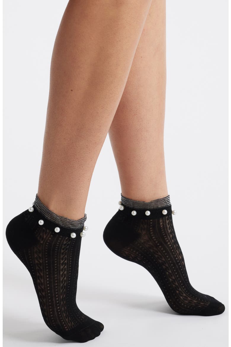 Faux Pearl Pointelle Ankle Socks, Main, color, BLACK