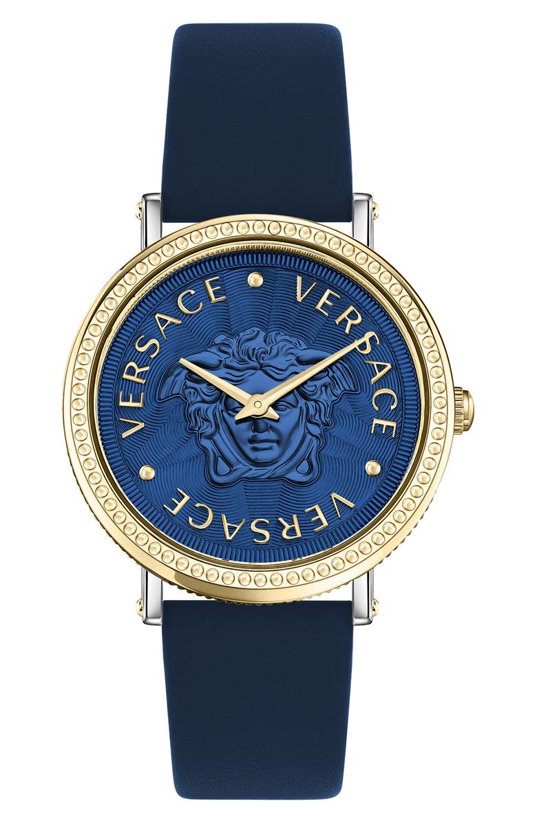 Versace V-Dollar Leather Strap Watch, 37mm, Main, color, Two Tone