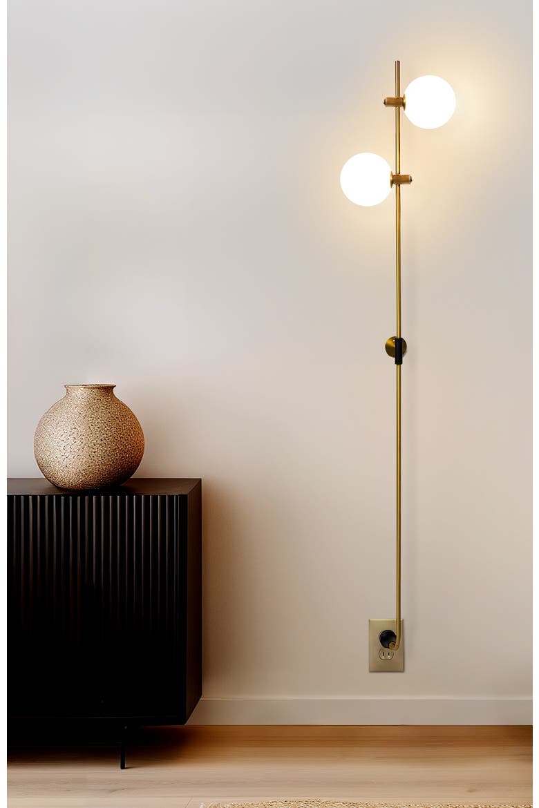 Equinox 62" LED Modern Sconce Wall Lamp with Glass Globe Shades, Alternate, color, Antique Brass