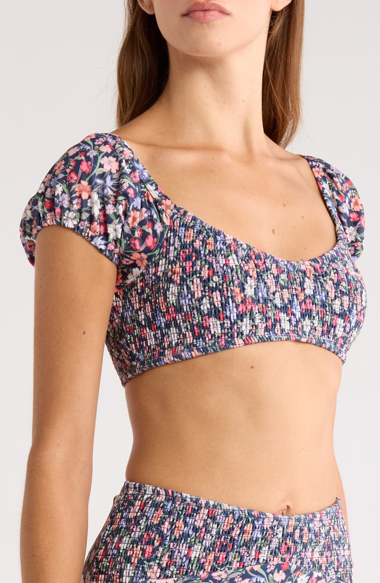 Hutch Smocked Puff Sleeve Bikini Top, Alternate, color, Navy Garden