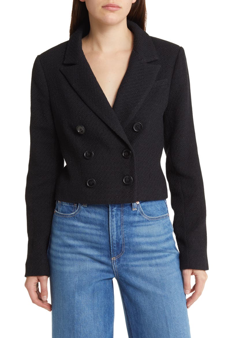 Eclipse Crop Cotton Blend Bouclé Tweed Blazer, Main, color, BLACK
