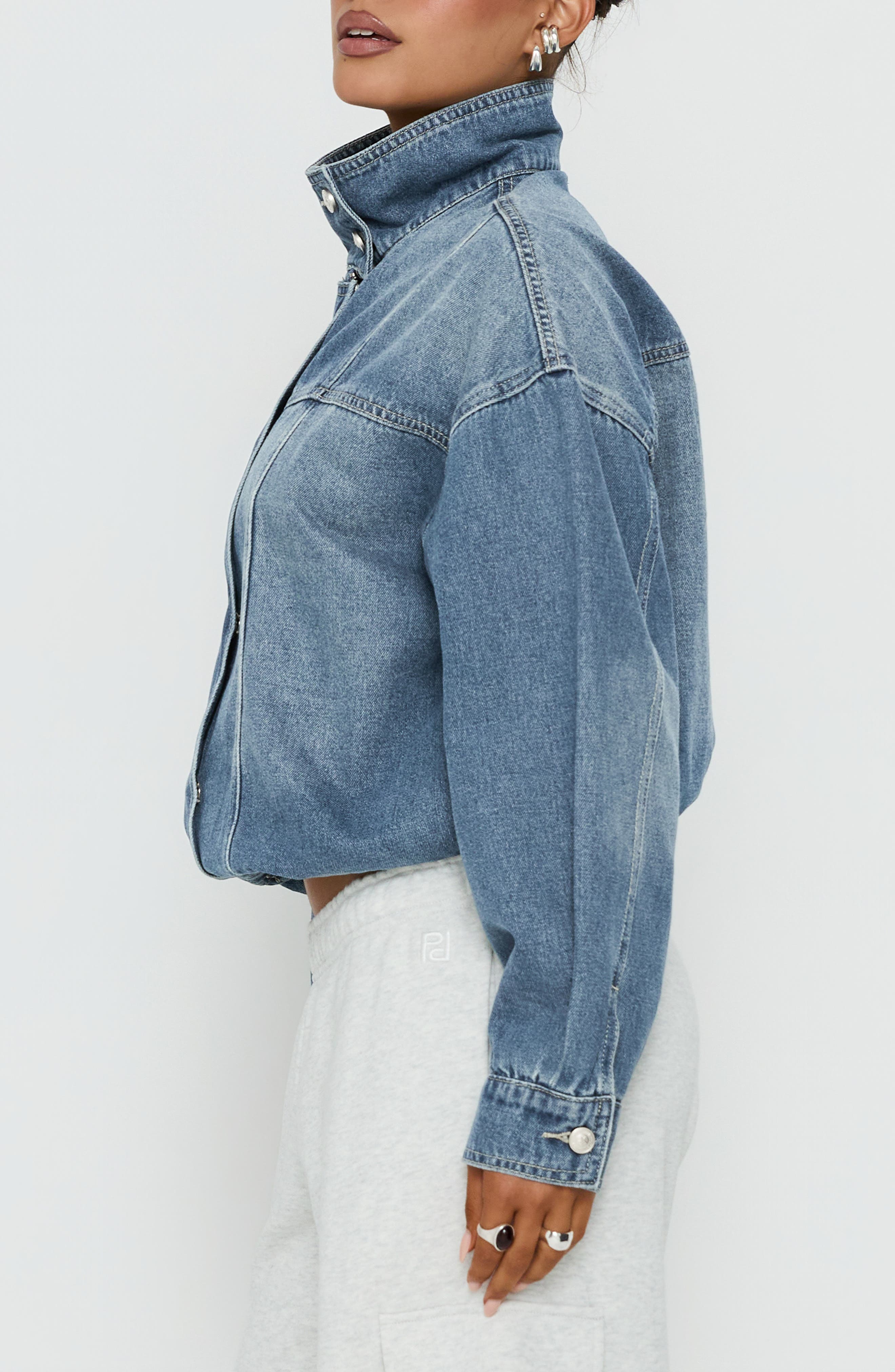 Princess Polly Alfea Funnel Neck Denim Bomber Jacket (Women) | Nordstrom