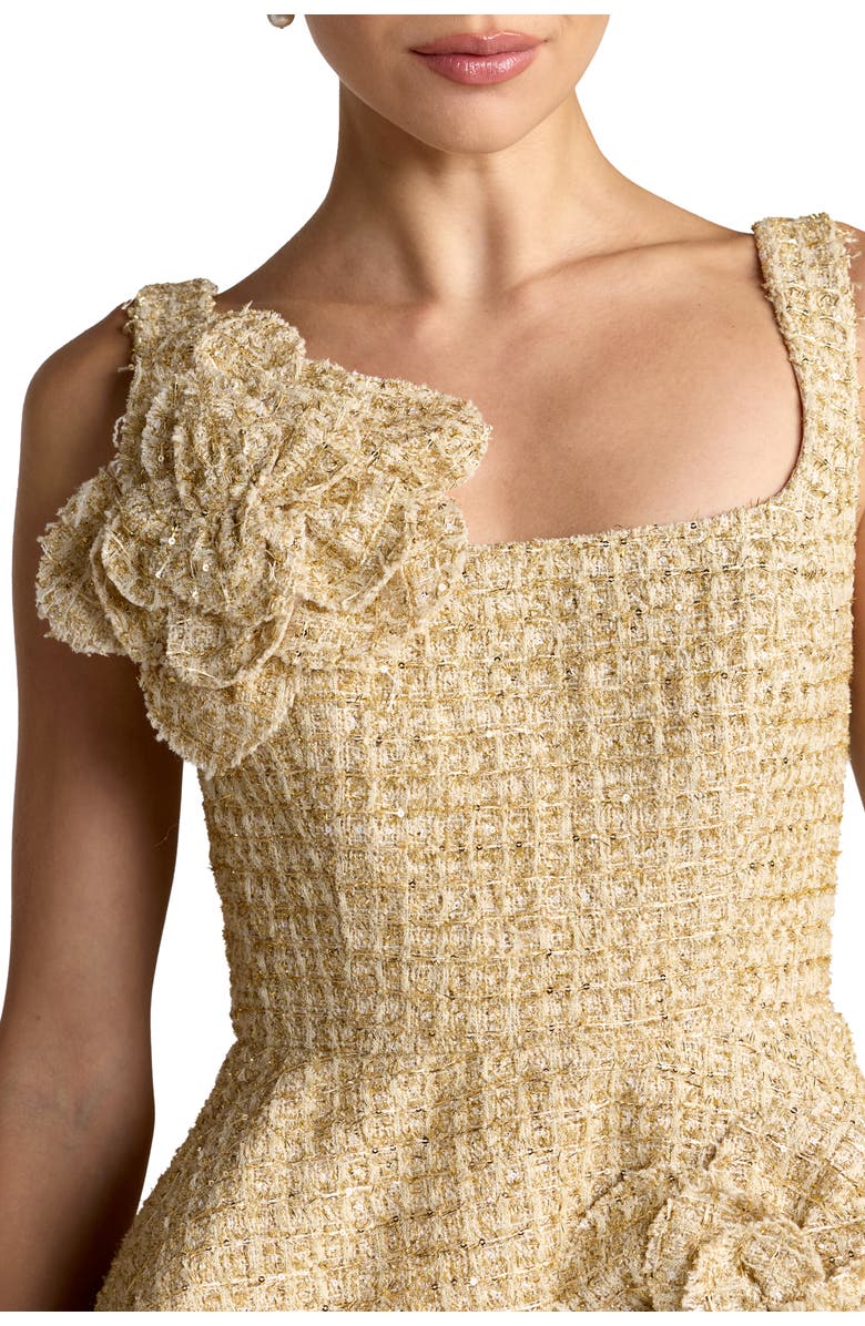 Mac Duggal Pocketed Sleeveless Boucle Floral Mini Dress, Alternate, color, Gold