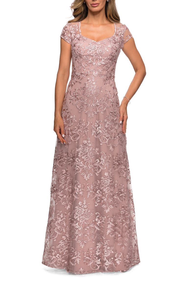 Cap Sleeve Floral Gown with Sweetheart Neckline, Main, color, MAUVE