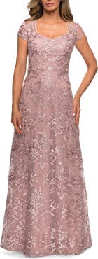 La Femme Cap Sleeve Floral Gown with Sweetheart Neckline