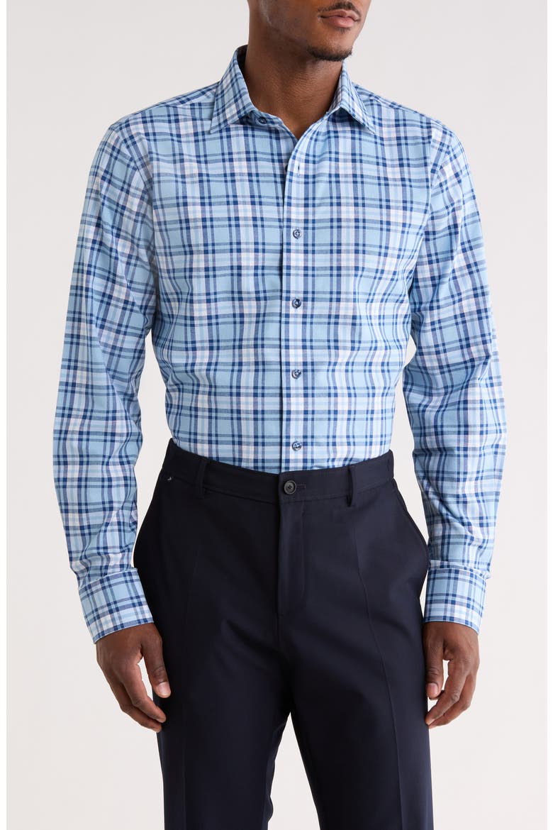 Trim Fit Plaid Cotton Dress Shirt, Main, color, NAVY/ LIGHT BLUE