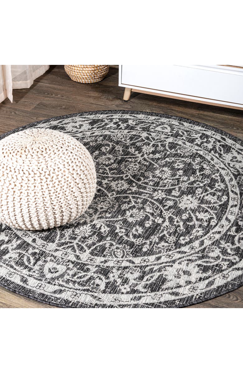 JONATHAN Y Palazzo Vine and Border Textured Weave Indoor/Outdoor Round Area Rug, Main, color, Black/Gray