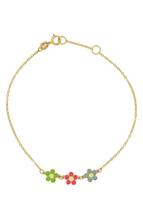 14K Gold Enamel Flower Charm Bracelet