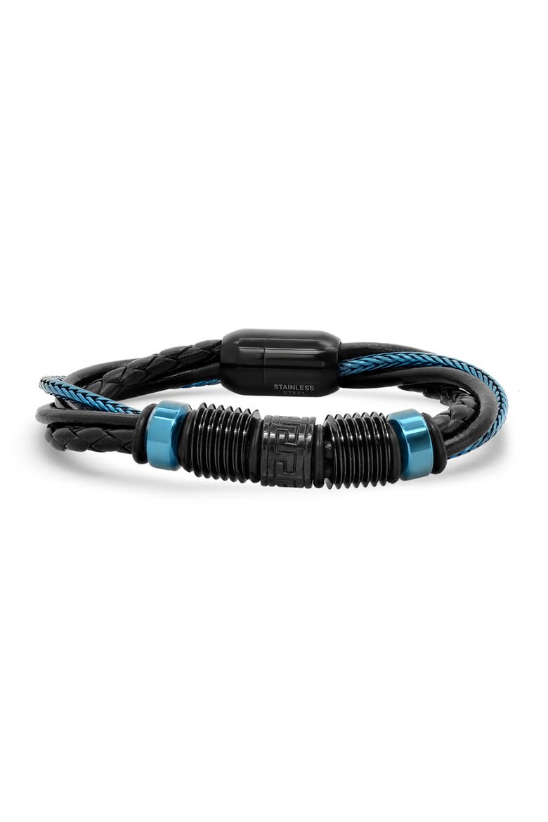 Men's IP Stainless Steel Braided Leather Bracelet, Main, color, BLACK / BLUE