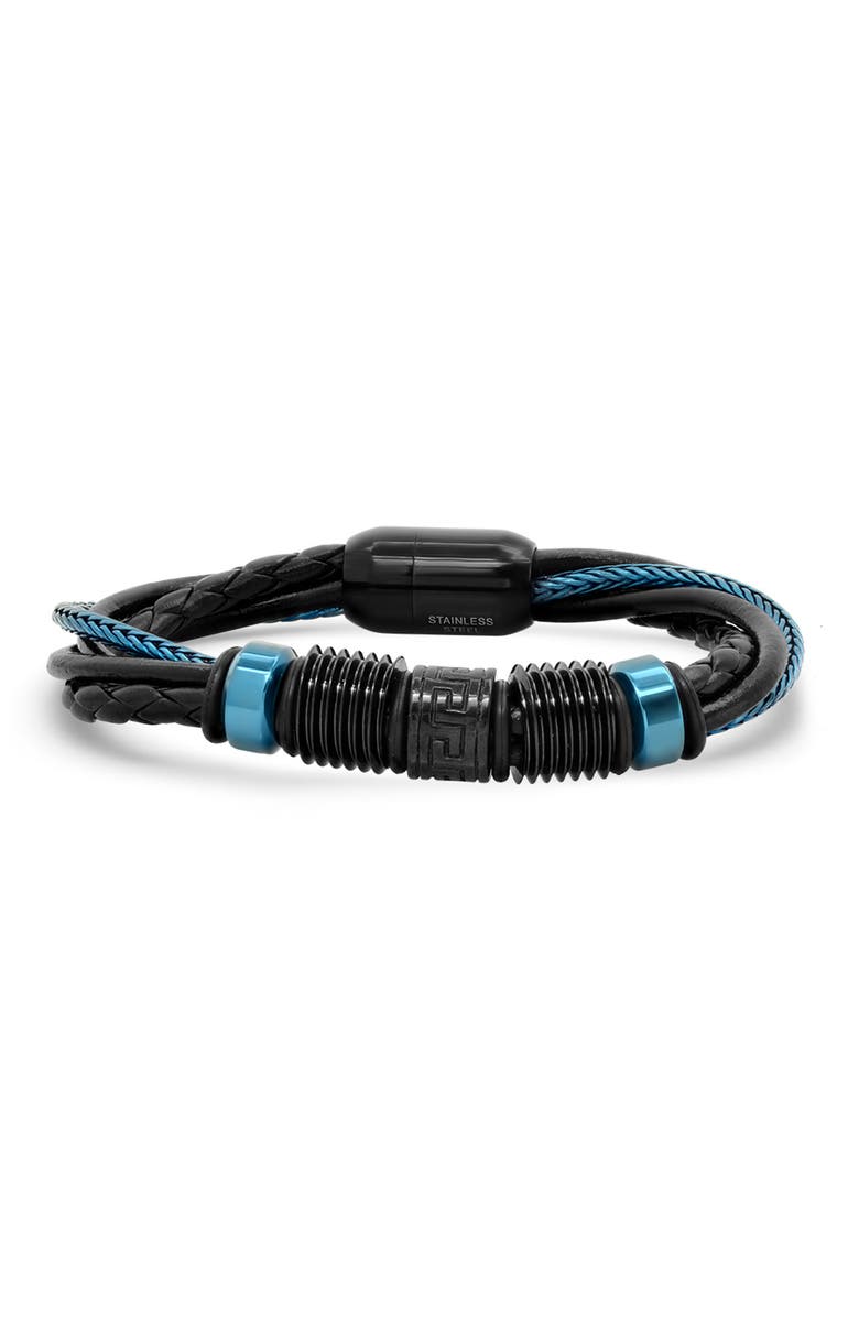 HMY JEWELRY Men's IP Stainless Steel Braided Leather Bracelet, Main, color, Black / Blue
