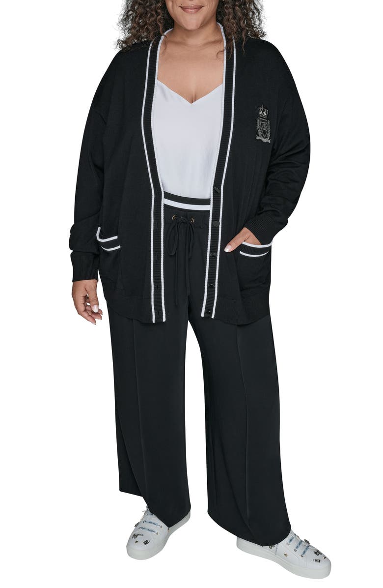 KARL LAGERFELD PARIS Varsity Cardgian, Alternate, color, Black/ Soft White