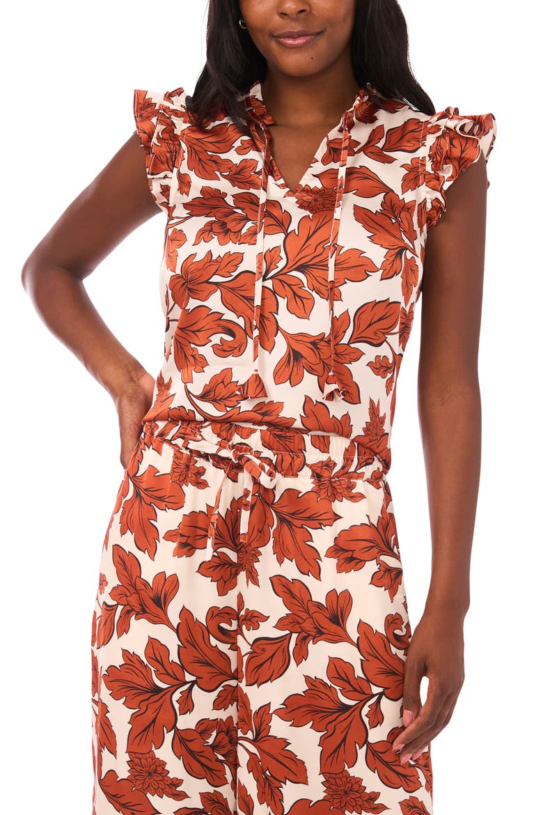 Floral Flutter Sleeve Satin Top, Main, color, PEACH WHIP