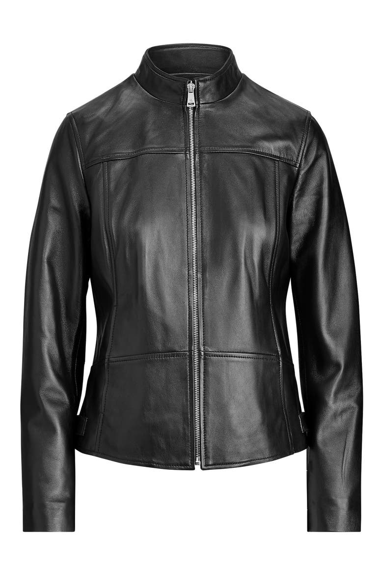 Band Collar Leather Jacket, Alternate, color, BLACK