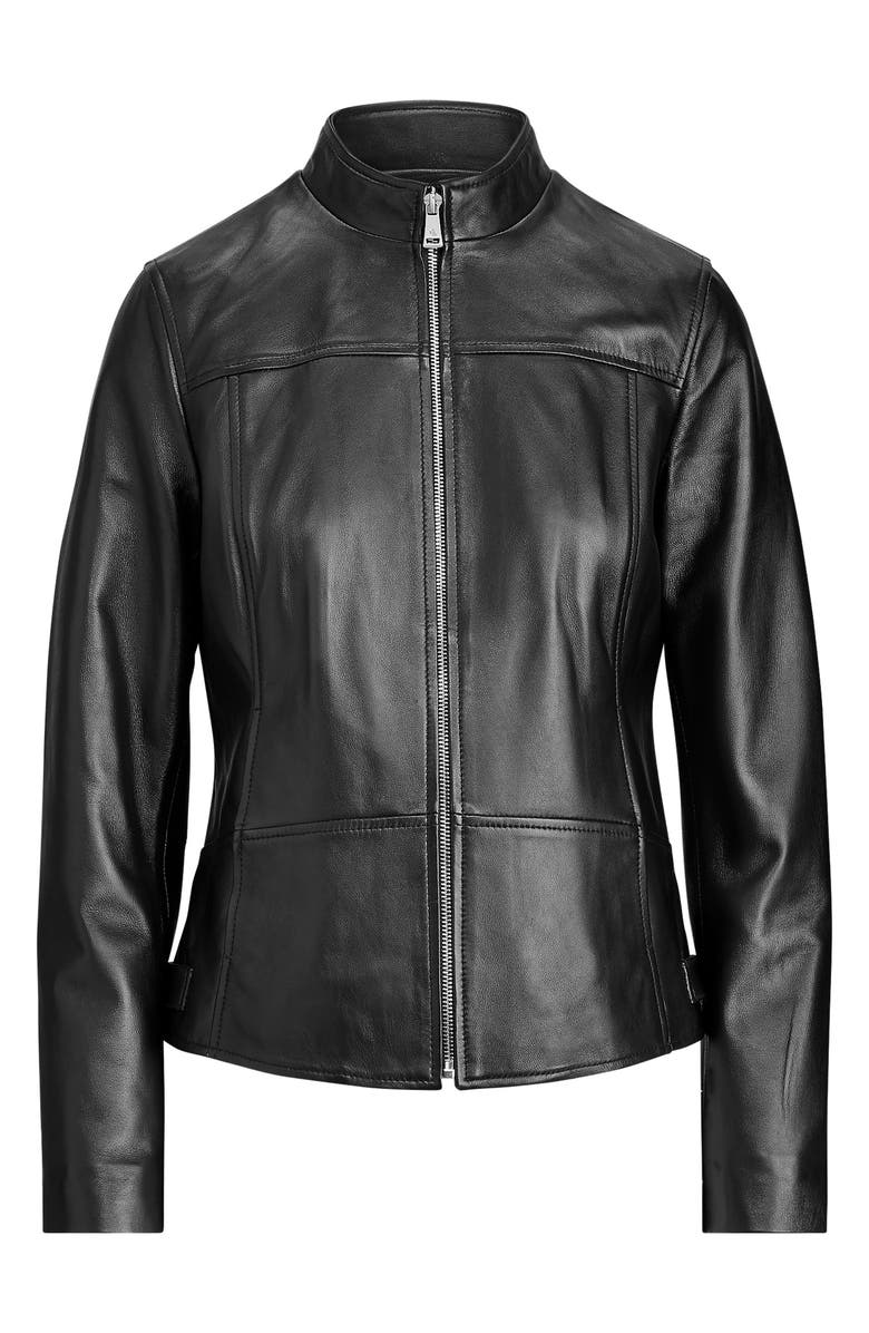 Lauren Ralph Lauren Band Collar Leather Jacket, Alternate, color,