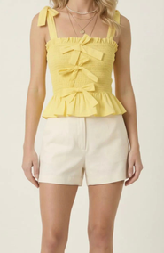 Modenaire Smocked Peplum Top with Bow Tie Straps and Ruffle Hem