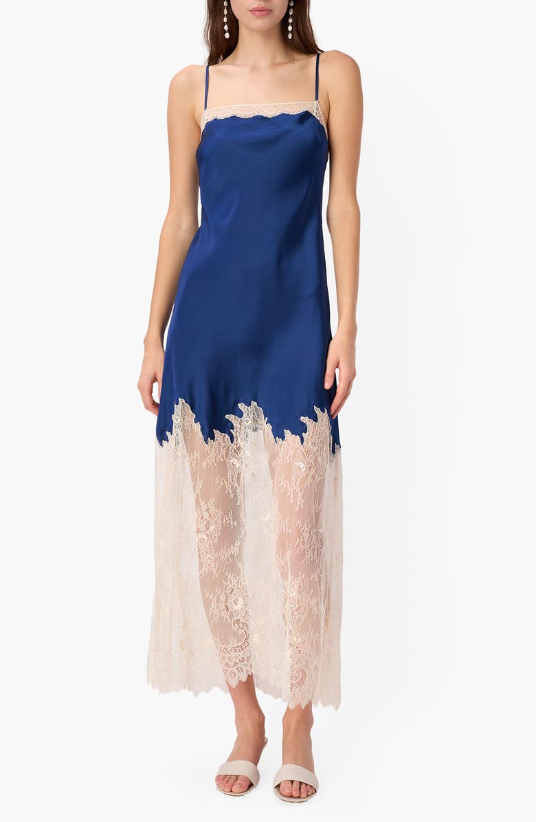 CAMI NYC Verity Sheer Lace Trim Silk Slipdress, Main, color, Sailor