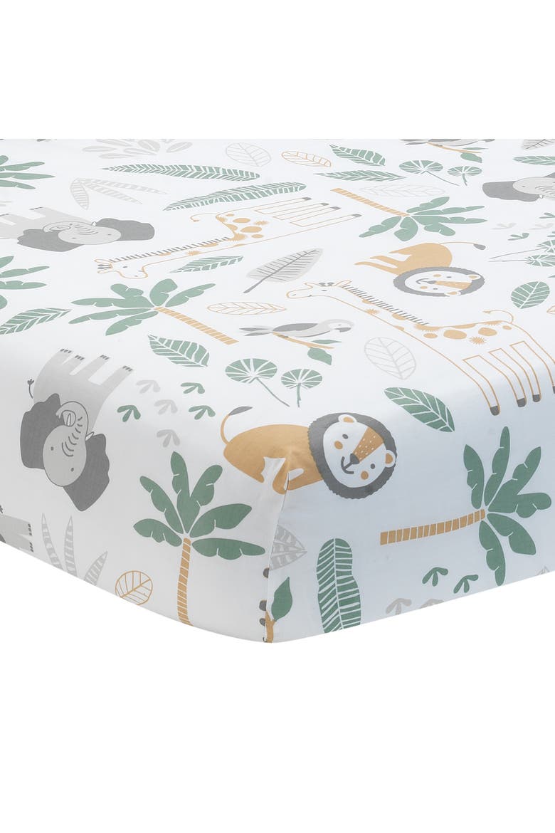 Jungle Friends 100% Cotton Safari Animals Baby Fitted Crib Sheet, Main, color, White Multicolor