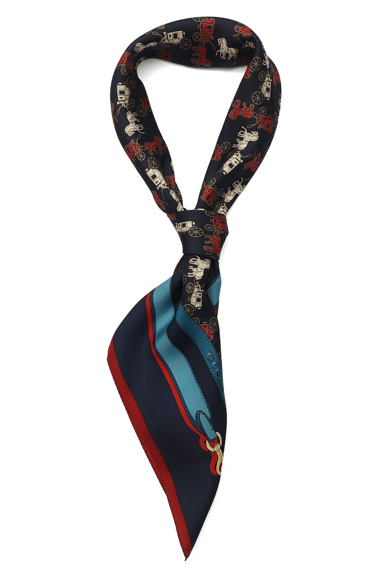 Horse & Carriage Print Silk Square Scarf, Alternate, color, NAVY