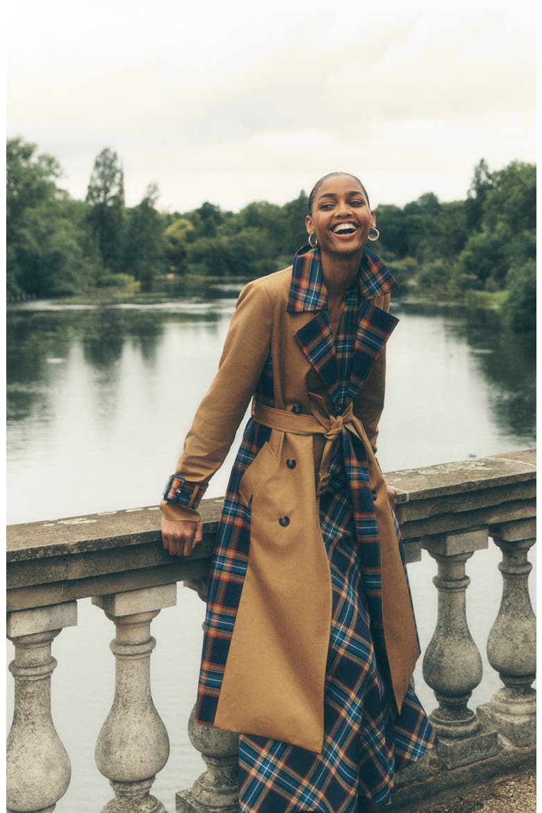 Plaid Accent Double Breasted Cotton Trench Coat, Alternate, color, CAMEL