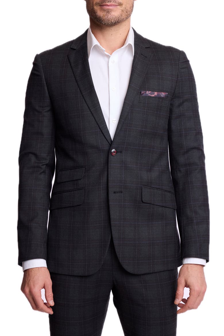 Dover Slim Fit Plaid Suit Jacket, Main, color, CHARCOAL BURGUNDY PLAID