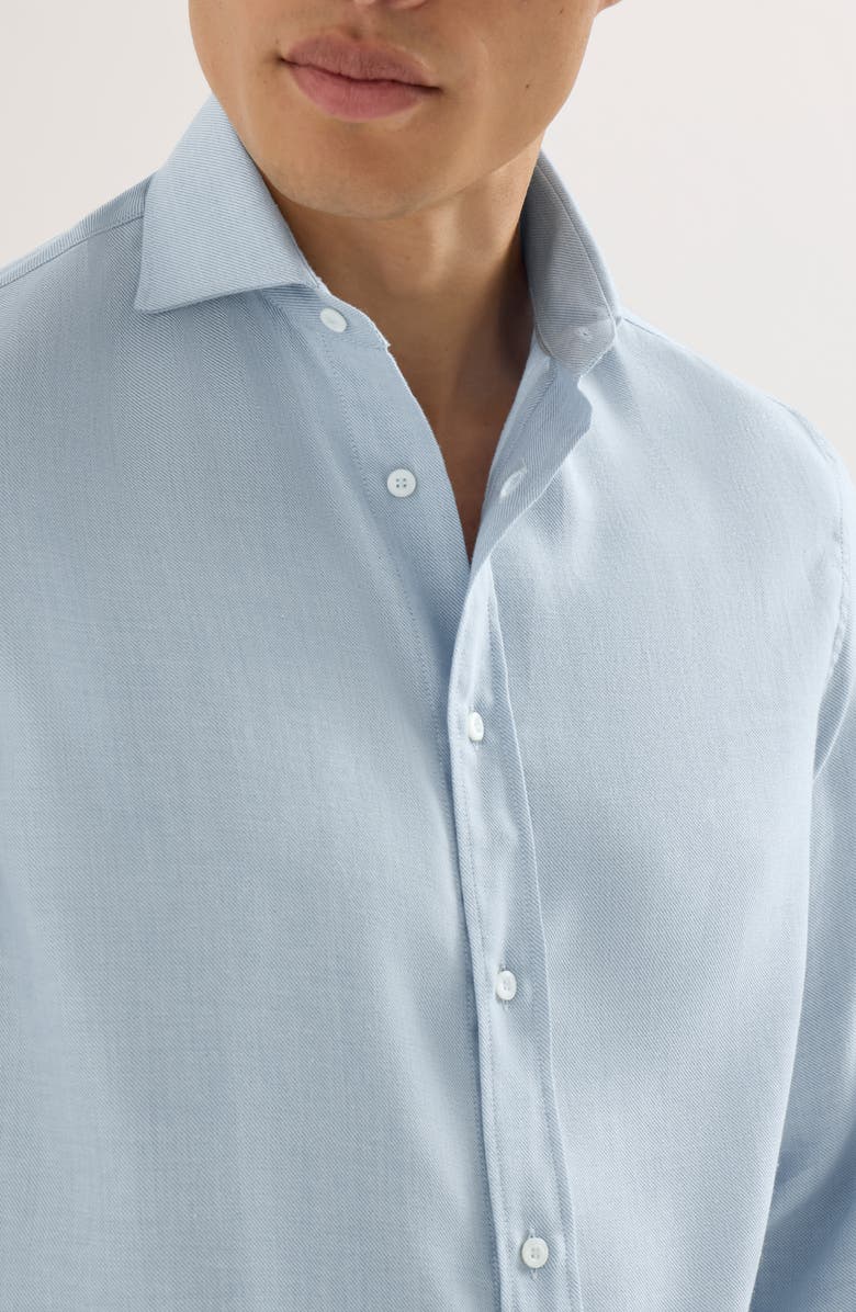 Brunello Cucinelli Cotton and cashmere denim-effect diagonal shirt with spread collar, Alternate, color, Sky Blue