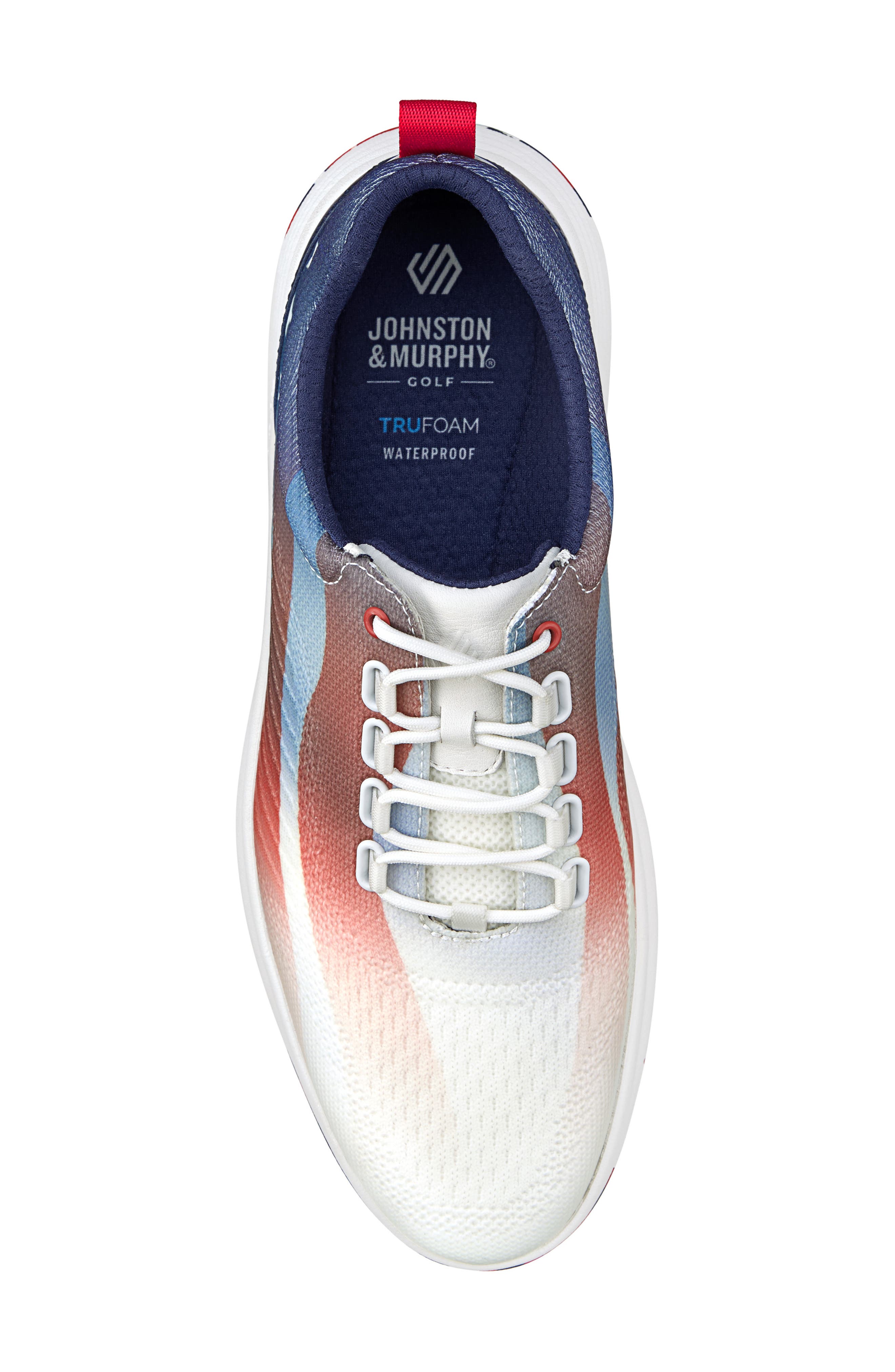 Johnston & Murphy Amherst Waterproof Golf Shoe, Alternate, color, Red/ White/ Blue Coated Knit