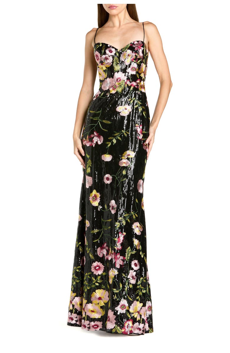 Mac Duggal Sleeveless Bustier Floral Applique Gown, Main, color, Black Multi