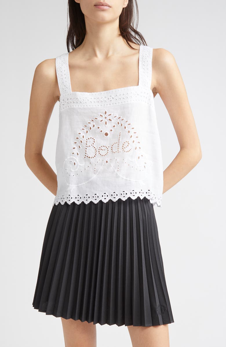 Bode Belvoir Eyelet Linen Tank, Main, color, White