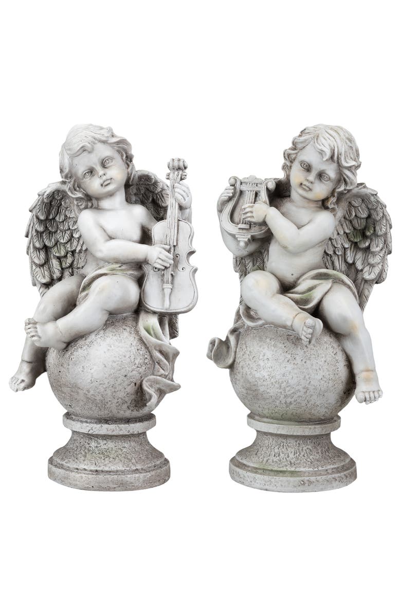 Northlight 14.75" Set of 2 Cherub Angels with Instruments Outdoor Garden Statues, Main, color, Gray