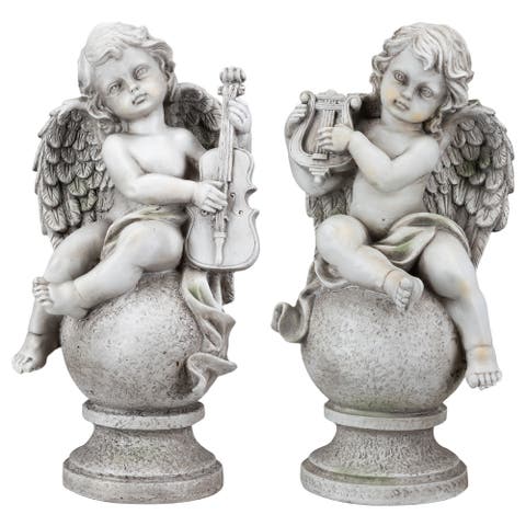 14.75" Set of 2 Cherub Angels with Instruments Outdoor Garden Statues