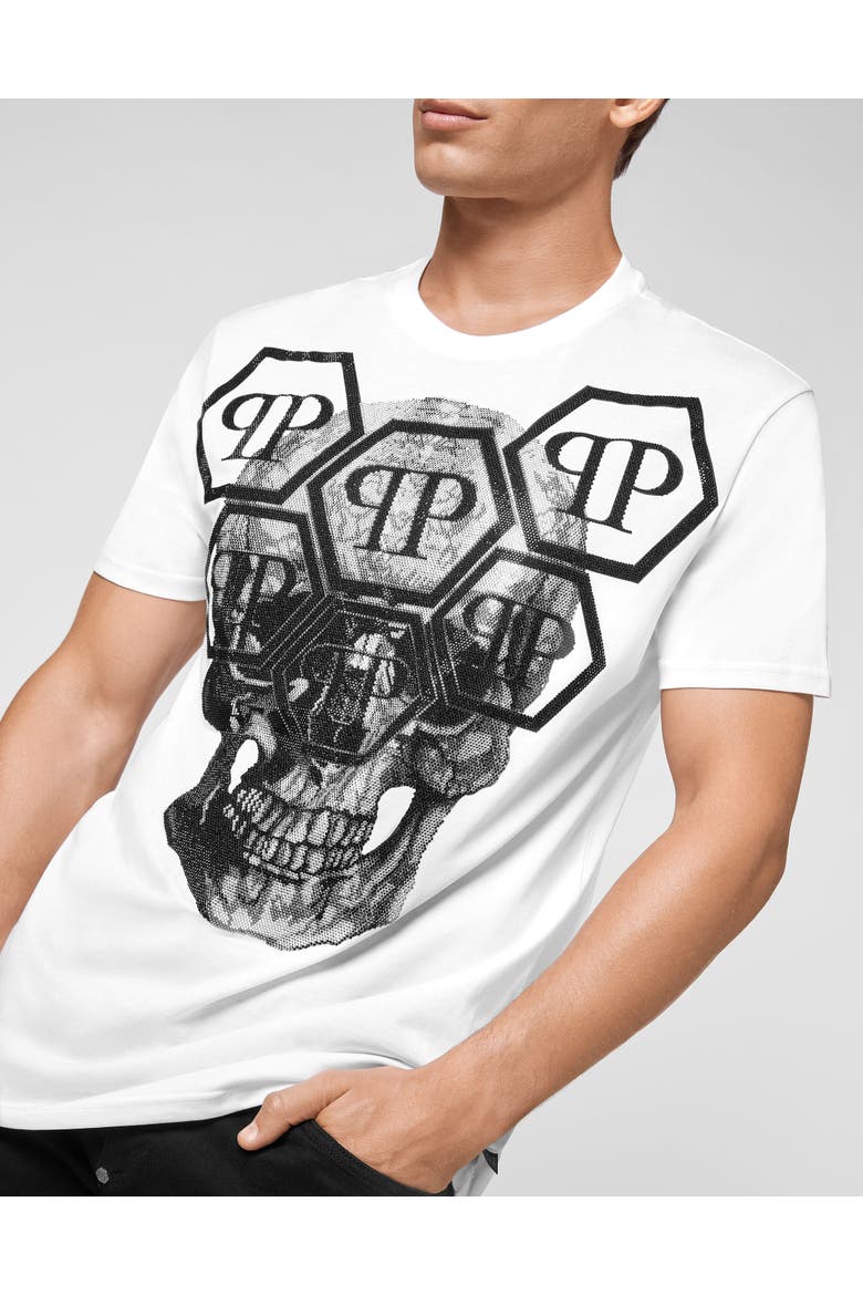 T-Shirt Round Neck Ss Skull With Crystals Men, Alternate, color, white