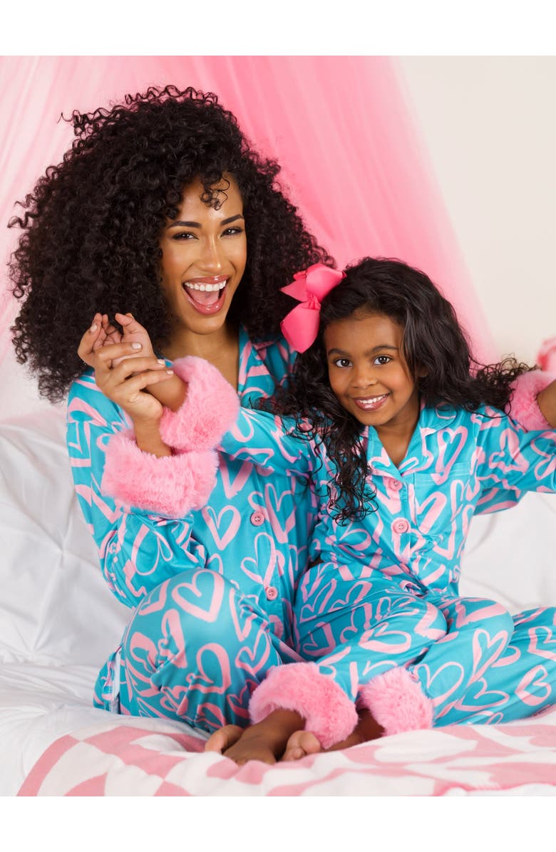 Mia Belle Girls Mommy and Me Heart Furry Pajama Set, Alternate, color, Blue-Green